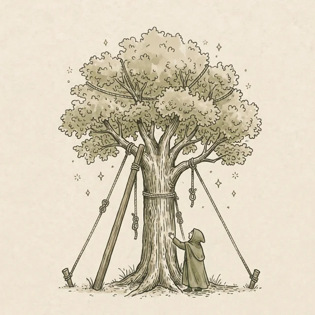 Illustrazione: albero sostenuto da corde e puntelli, figura che controlla il tronco