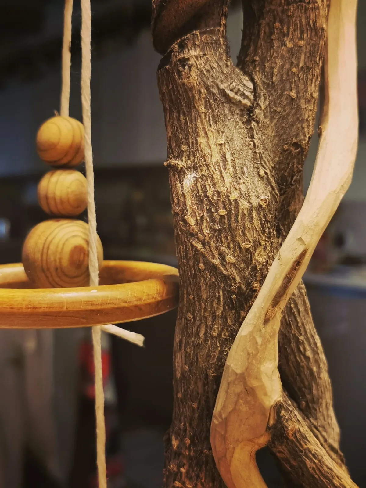 Dettaglio di una scultura con anello di legno, sfere tornite e corda