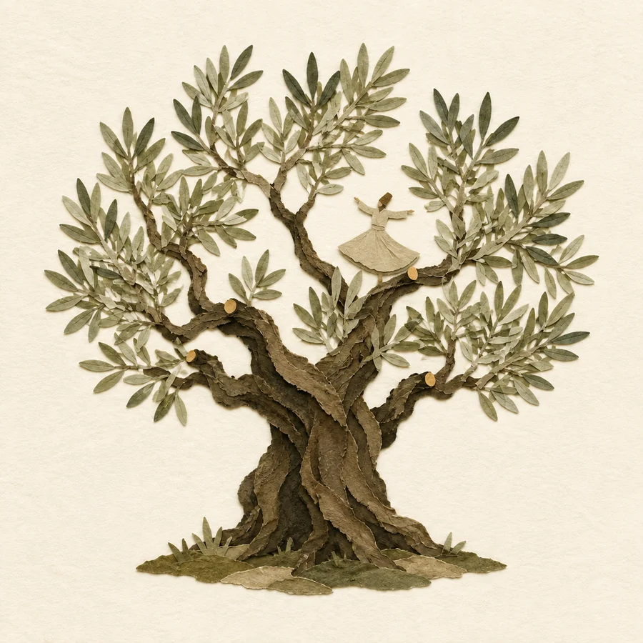 Olivo secolare con piccola figura danzante tra i rami, illustrazione in carta stratificata