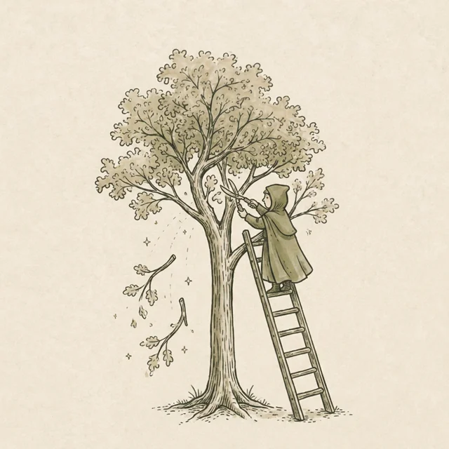Illustrazione: figura su una scala che pota la chioma di un albero con le cesoie